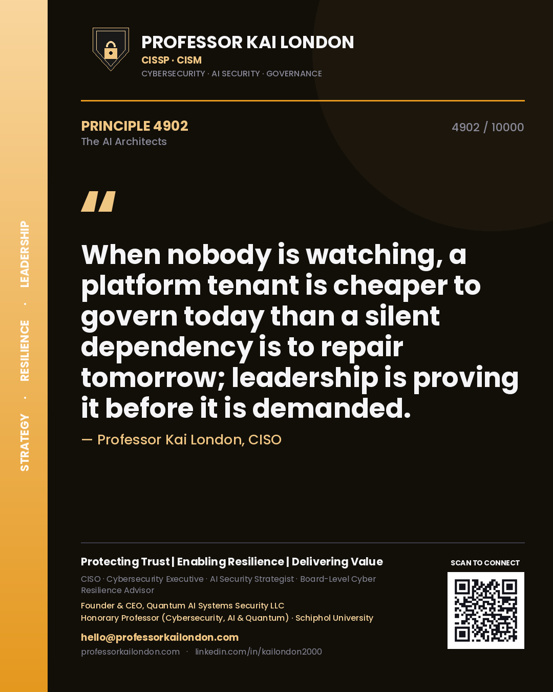 Quote card by Professor Kai London reading 'When nobody is watching, a platform tenant is cheaper to govern today than a silent dependency is to repair tomorrow; leadership is proving it before it is demanded.'. From the book The AI Architects.