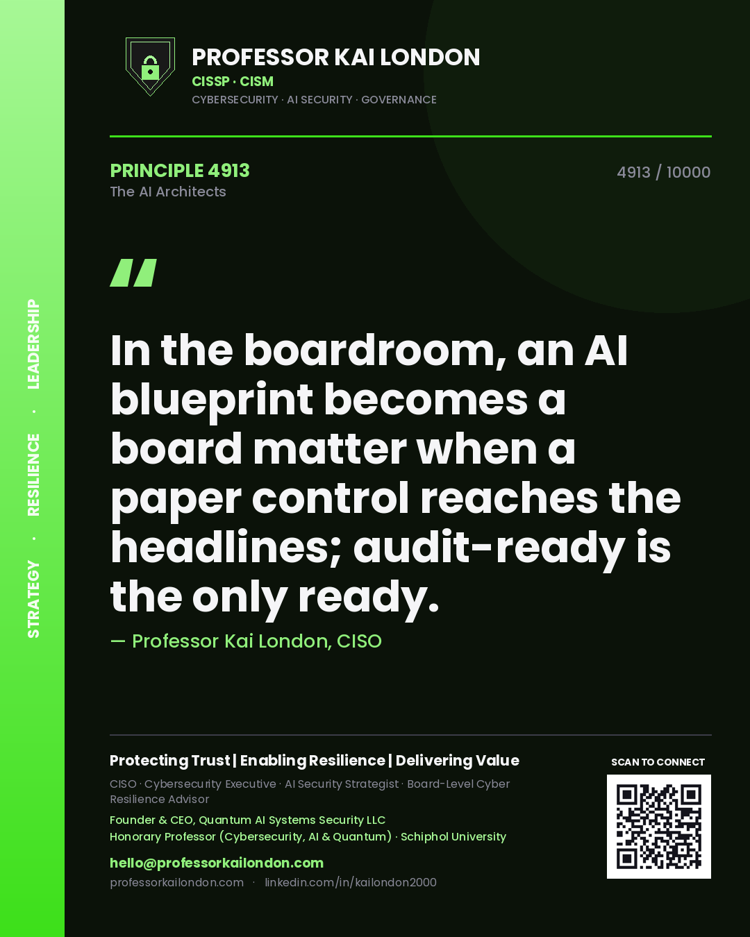 Quote card by Professor Kai London reading 'In the boardroom, an AI blueprint becomes a board matter when a paper control reaches the headlines; audit-ready is the only ready.'. From the book The AI Architects.