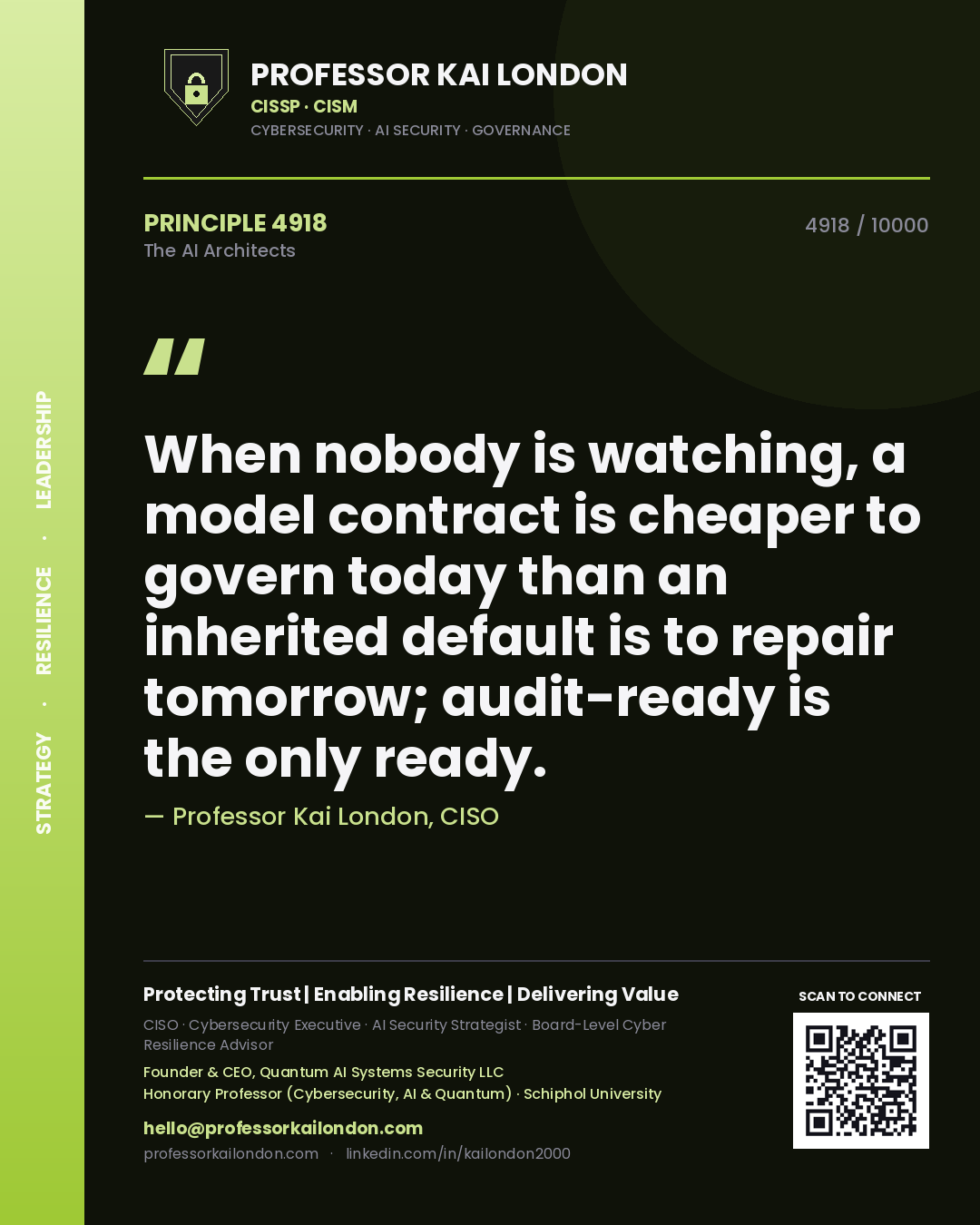 Professor Kai London principle 4918: When nobody is watching, a model contract is cheaper to govern today than an inherited default is to repair tomorrow; audit-ready is the only ready.