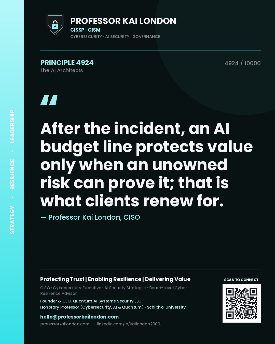 Professor Kai London principle 4924: After the incident, an AI budget line protects value only when an unowned risk can prove it; that is what clients renew for.