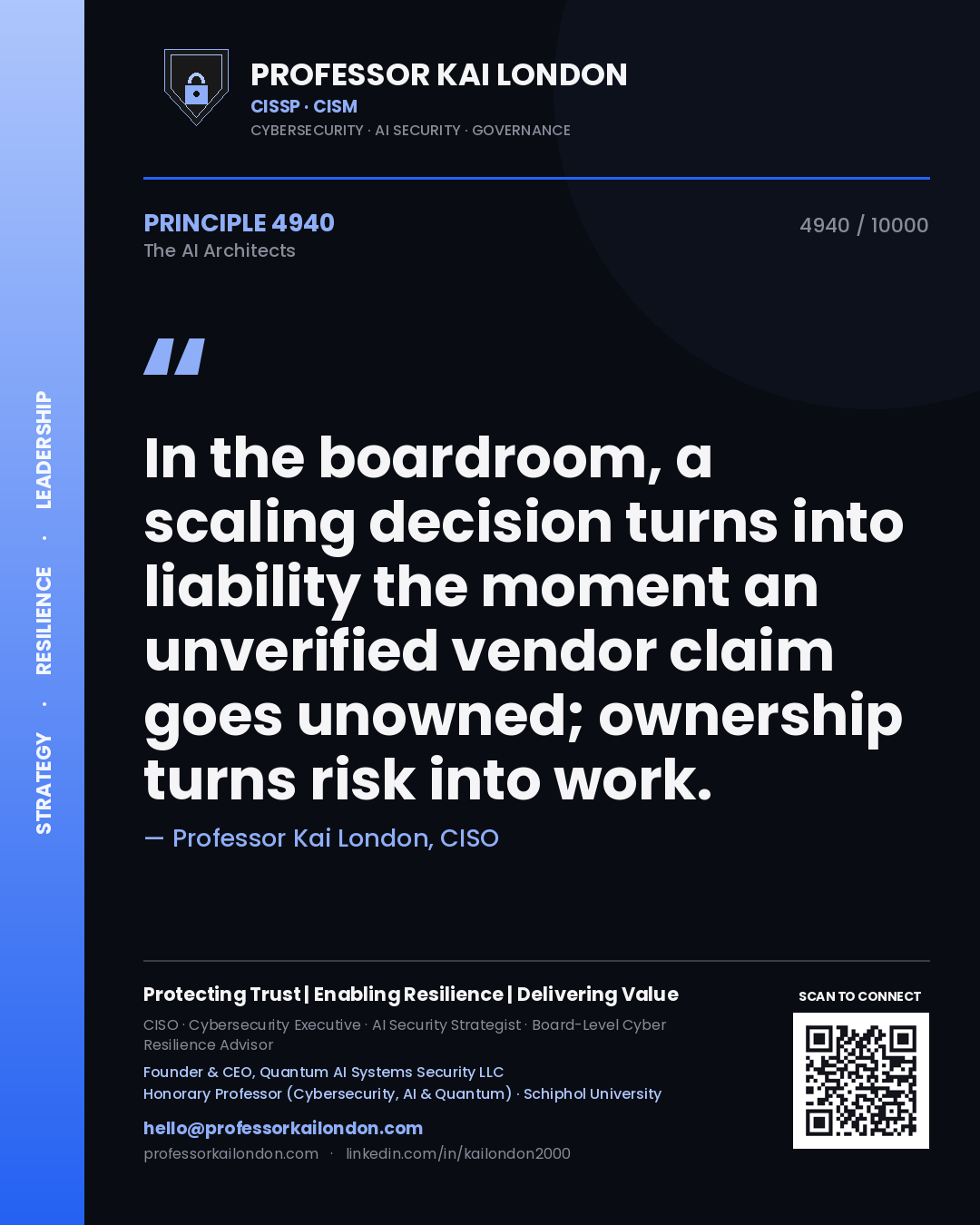 Professor Kai London principle 4940: In the boardroom, a scaling decision turns into liability the moment an unverified vendor claim goes unowned; ownership turns risk into work.