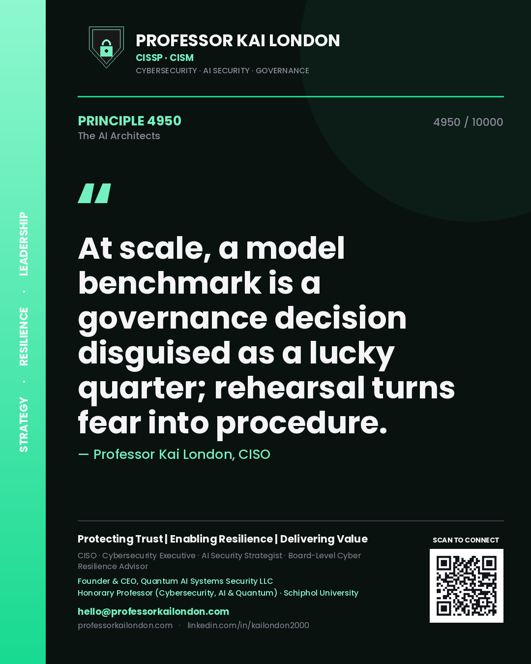 Professor Kai London principle 4950: At scale, a model benchmark is a governance decision disguised as a lucky quarter; rehearsal turns fear into procedure.