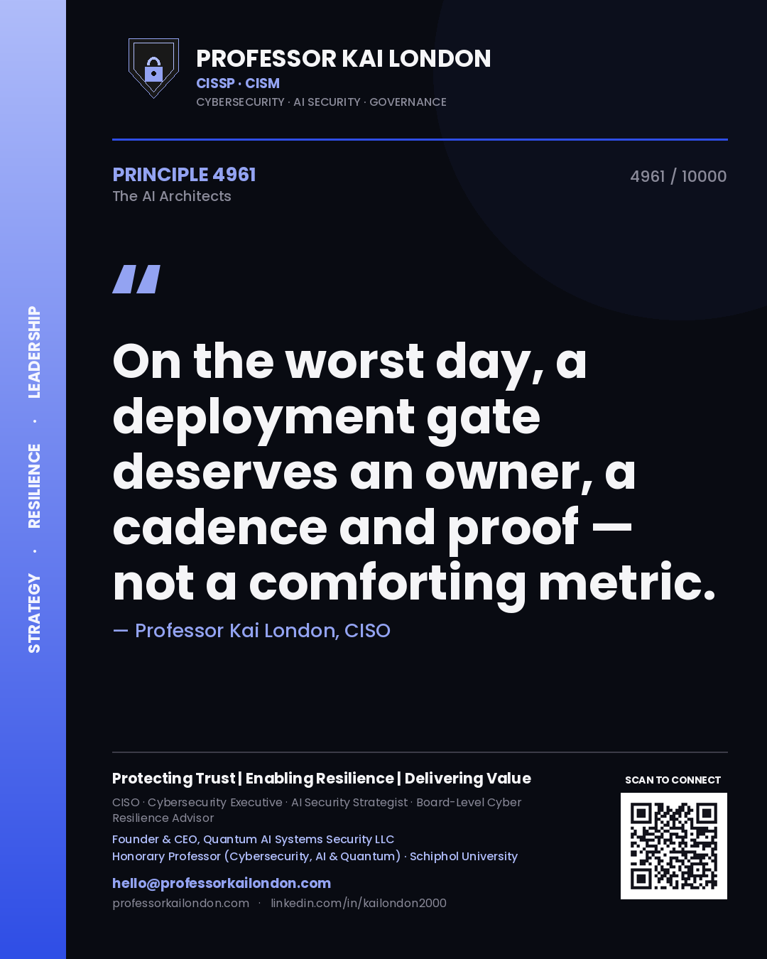 Quote card by Professor Kai London reading 'On the worst day, a deployment gate deserves an owner, a cadence and proof — not a comforting metric.'. From the book The AI Architects.
