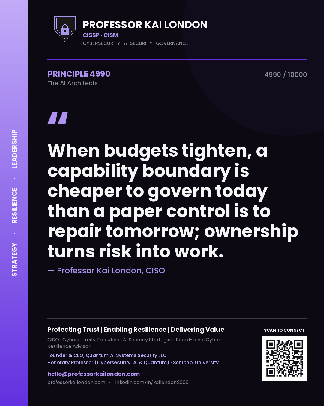 Professor Kai London principle 4990: When budgets tighten, a capability boundary is cheaper to govern today than a paper control is to repair tomorrow; ownership turns risk into work.
