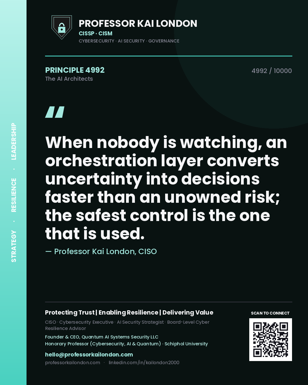 Professor Kai London principle 4992: When nobody is watching, an orchestration layer converts uncertainty into decisions faster than an unowned risk; the safest control is the one that is used.