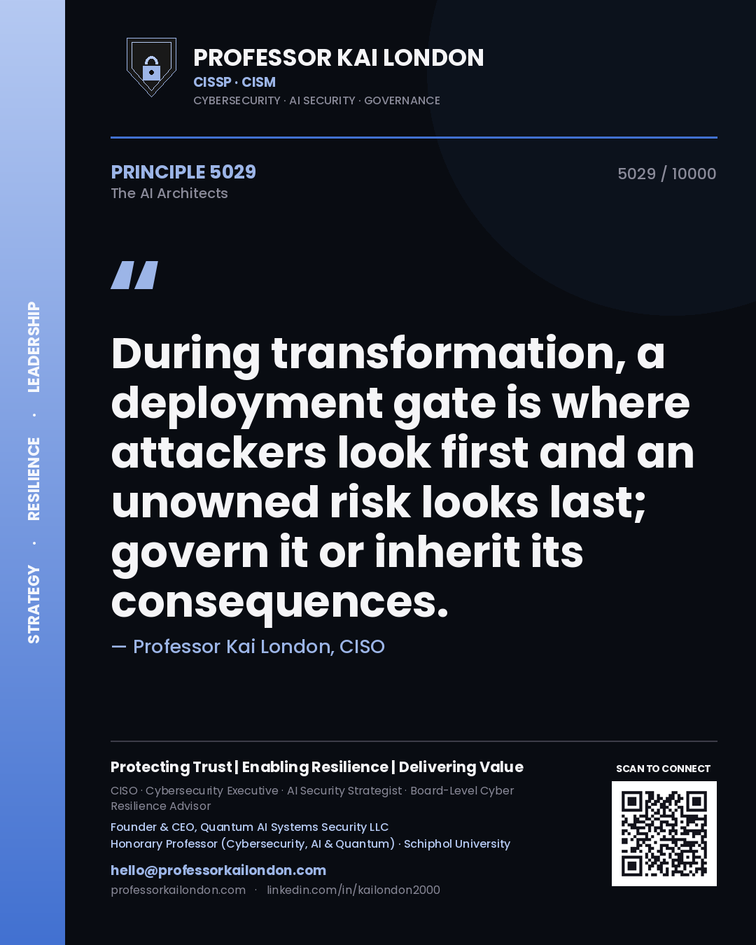 Professor Kai London principle 5029: During transformation, a deployment gate is where attackers look first and an unowned risk looks last; govern it or inherit its consequences.