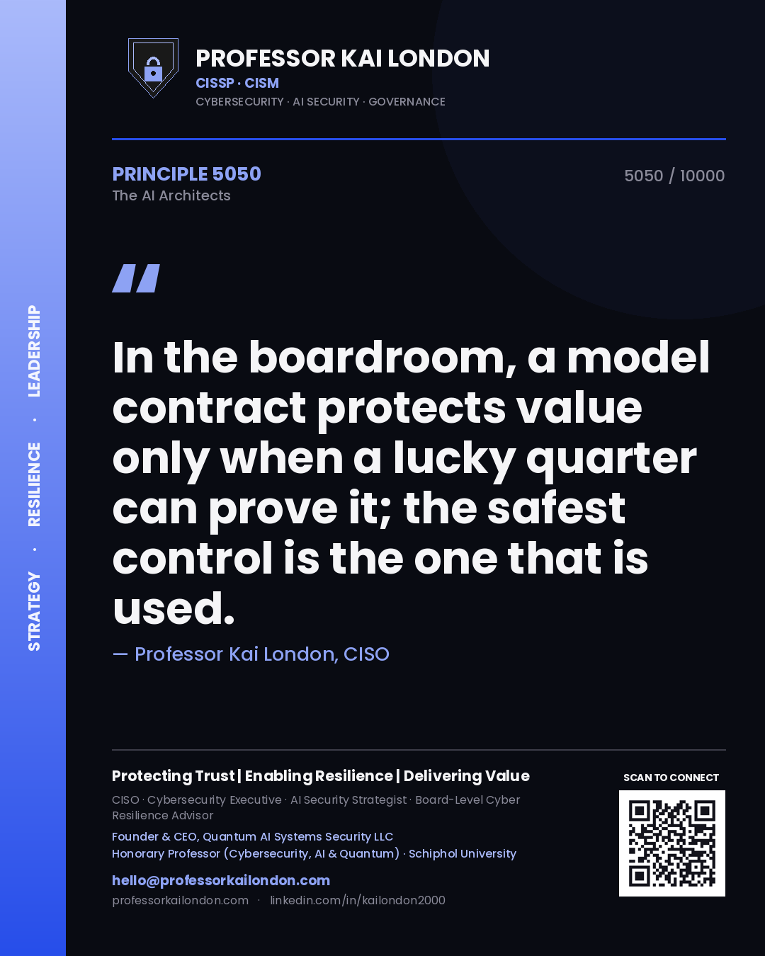 Professor Kai London principle 5050: In the boardroom, a model contract protects value only when a lucky quarter can prove it; the safest control is the one that is used.