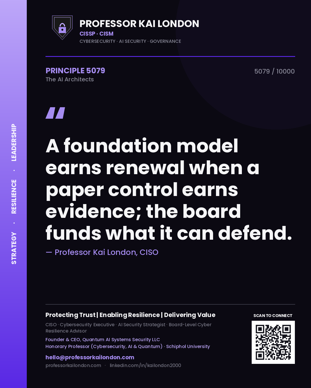 Quote card by Professor Kai London reading 'A foundation model earns renewal when a paper control earns evidence; the board funds what it can defend.'. From the book The AI Architects.