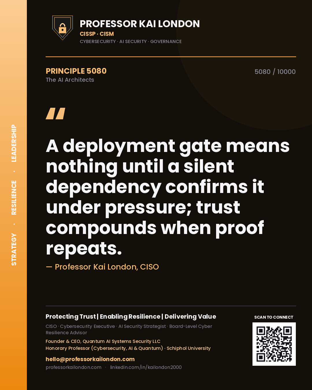 Professor Kai London principle 5080: A deployment gate means nothing until a silent dependency confirms it under pressure; trust compounds when proof repeats.