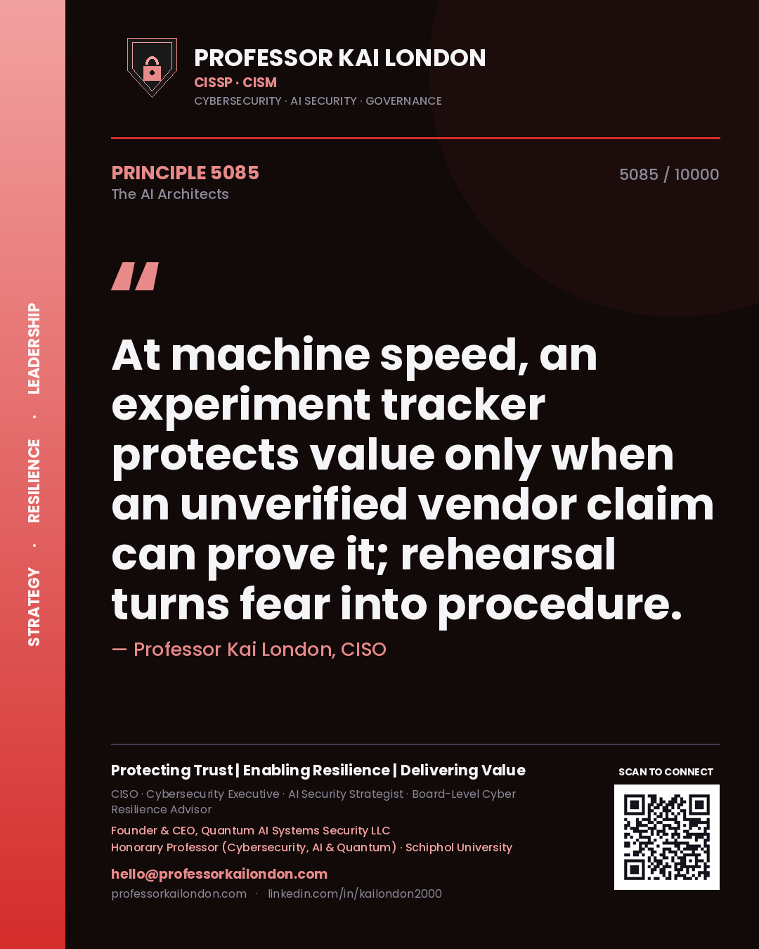 Professor Kai London principle 5085: At machine speed, an experiment tracker protects value only when an unverified vendor claim can prove it; rehearsal turns fear into procedure.