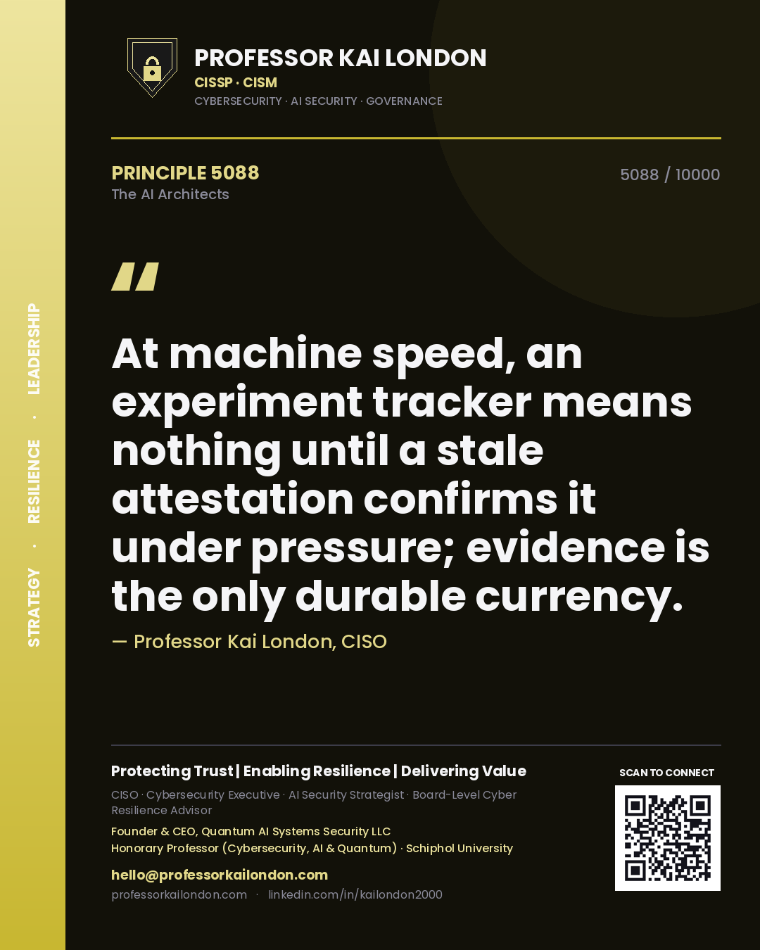 Quote card by Professor Kai London reading 'At machine speed, an experiment tracker means nothing until a stale attestation confirms it under pressure; evidence is the only durable currency.'. From the book The AI Architects.