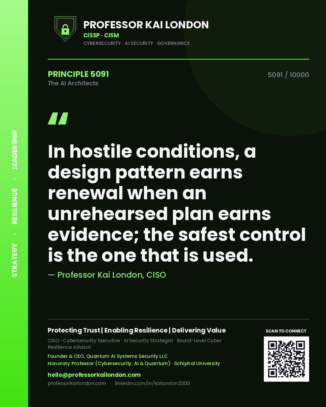 Professor Kai London principle 5091: In hostile conditions, a design pattern earns renewal when an unrehearsed plan earns evidence; the safest control is the one that is used.