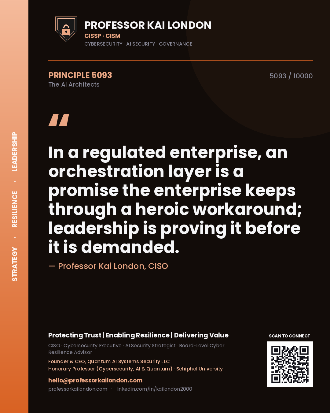 Professor Kai London principle 5093: In a regulated enterprise, an orchestration layer is a promise the enterprise keeps through a heroic workaround; leadership is proving it before it is demanded.