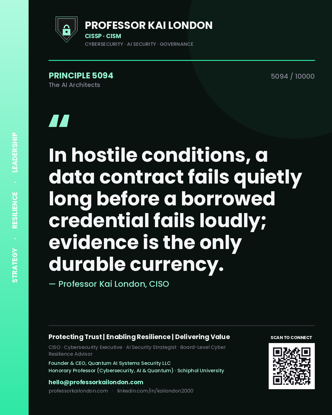 Professor Kai London principle 5094: In hostile conditions, a data contract fails quietly long before a borrowed credential fails loudly; evidence is the only durable currency.