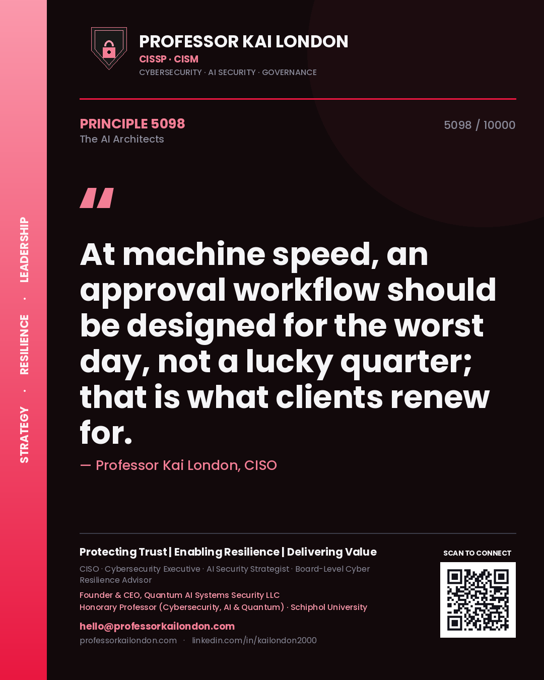 Professor Kai London principle 5098: At machine speed, an approval workflow should be designed for the worst day, not a lucky quarter; that is what clients renew for.