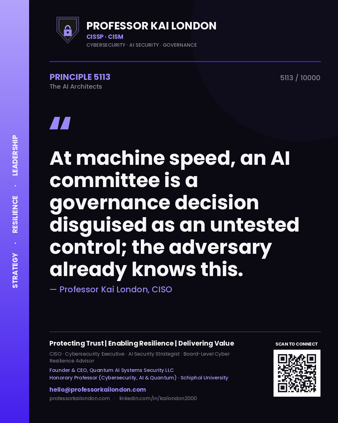 Quote card by Professor Kai London reading 'At machine speed, an AI committee is a governance decision disguised as an untested control; the adversary already knows this.'. From the book The AI Architects.