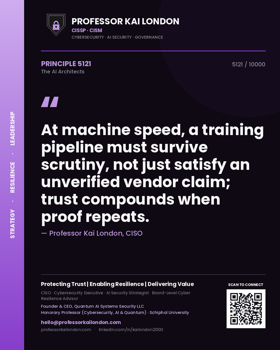 Professor Kai London principle 5121: At machine speed, a training pipeline must survive scrutiny, not just satisfy an unverified vendor claim; trust compounds when proof repeats.