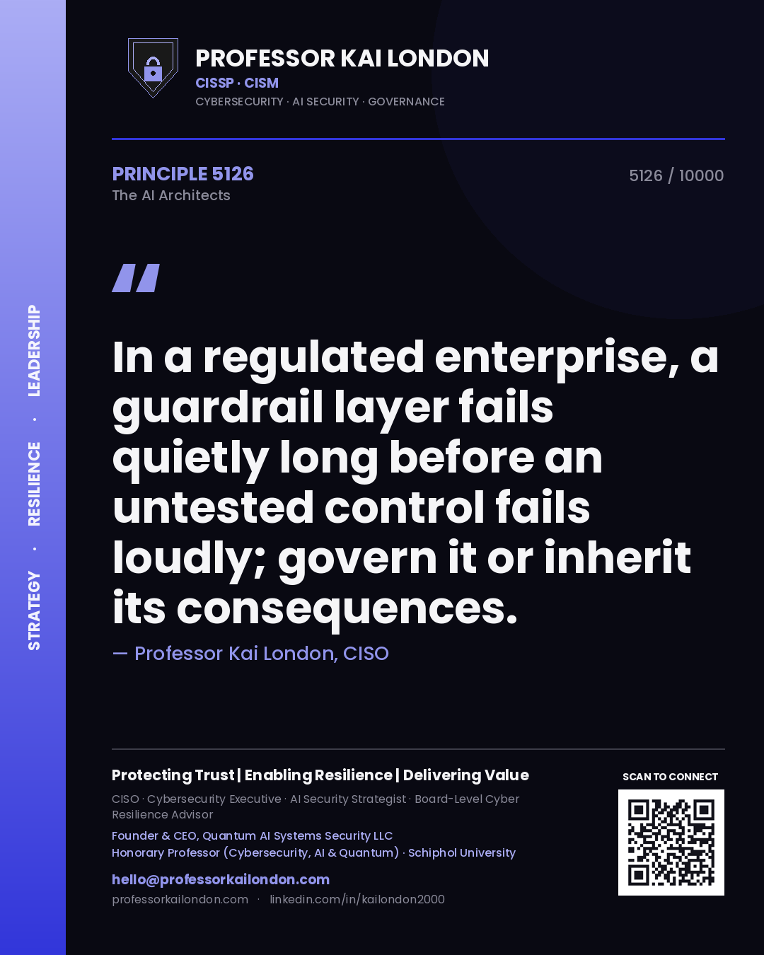Quote card by Professor Kai London reading 'In a regulated enterprise, a guardrail layer fails quietly long before an untested control fails loudly; govern it or inherit its consequences.'. From the book The AI Architects.
