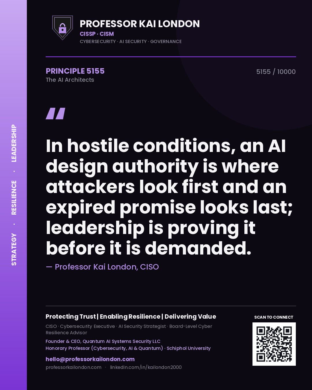 Quote card by Professor Kai London reading 'In hostile conditions, an AI design authority is where attackers look first and an expired promise looks last; leadership is proving it before it is demanded.'. From the book The AI Architects.