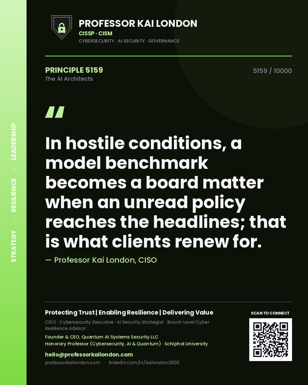 Quote card by Professor Kai London reading 'In hostile conditions, a model benchmark becomes a board matter when an unread policy reaches the headlines; that is what clients renew for.'. From the book The AI Architects.