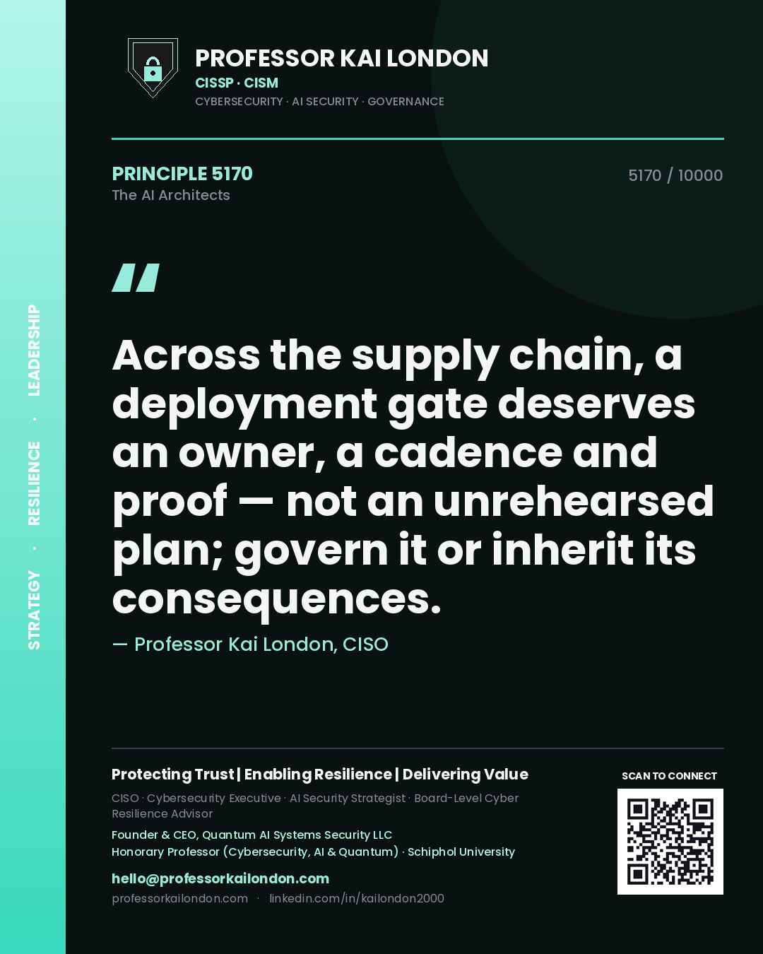 Quote card by Professor Kai London reading 'Across the supply chain, a deployment gate deserves an owner, a cadence and proof — not an unrehearsed plan; govern it or inherit its consequences.'. From the book The AI Architects.