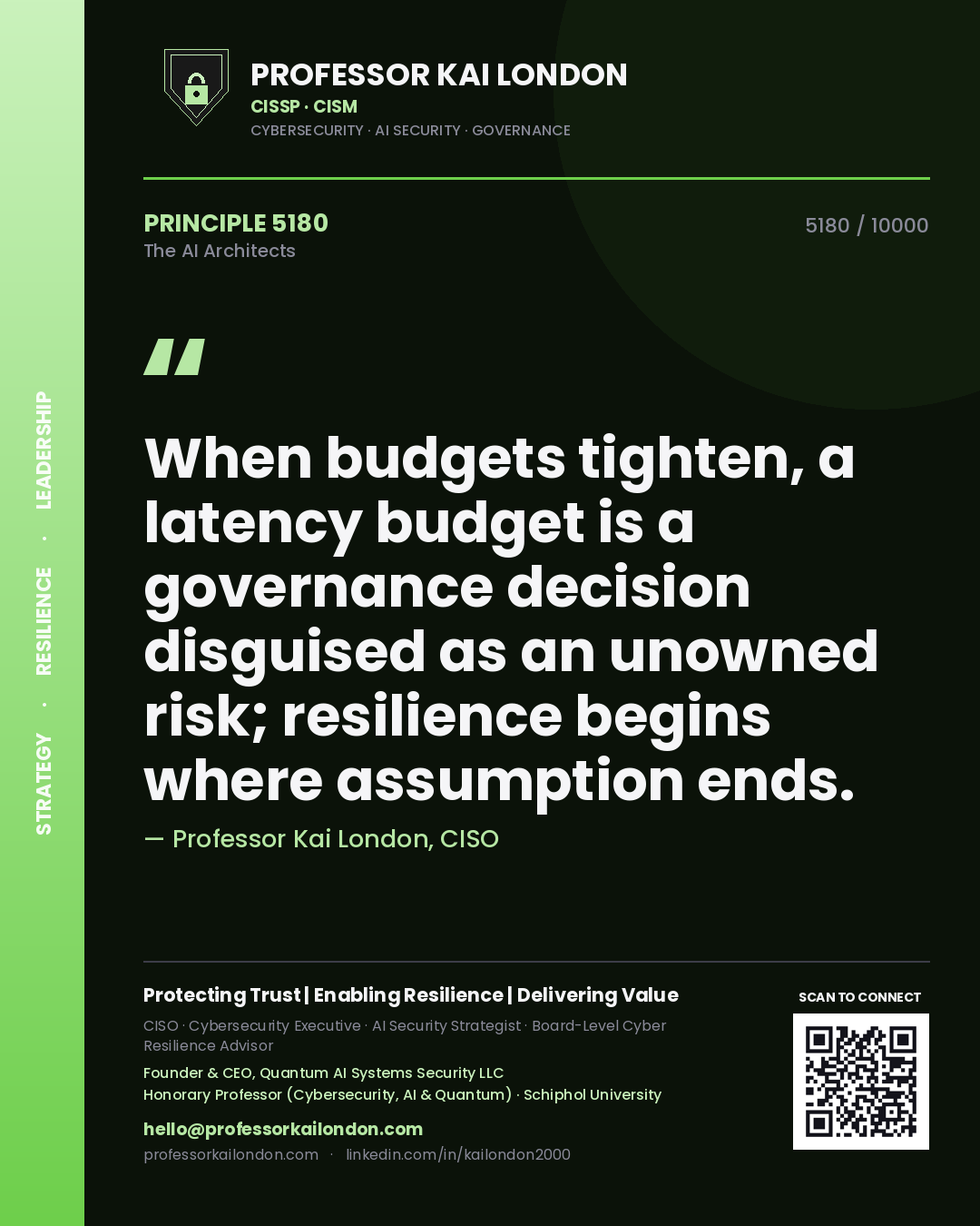 Quote card by Professor Kai London reading 'When budgets tighten, a latency budget is a governance decision disguised as an unowned risk; resilience begins where assumption ends.'. From the book The AI Architects.