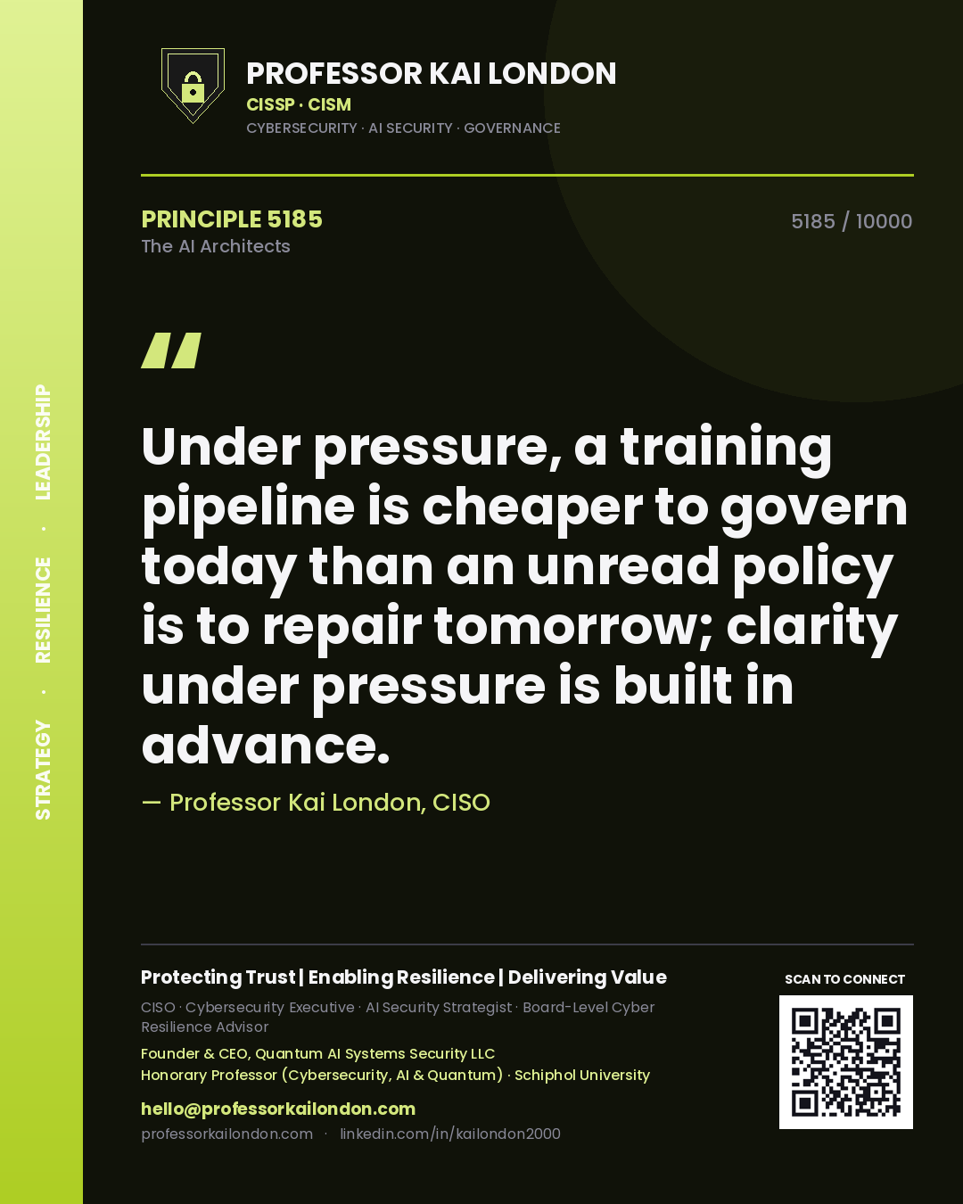 Quote card by Professor Kai London reading 'Under pressure, a training pipeline is cheaper to govern today than an unread policy is to repair tomorrow; clarity under pressure is built in advance.'. From the book The AI Architects.