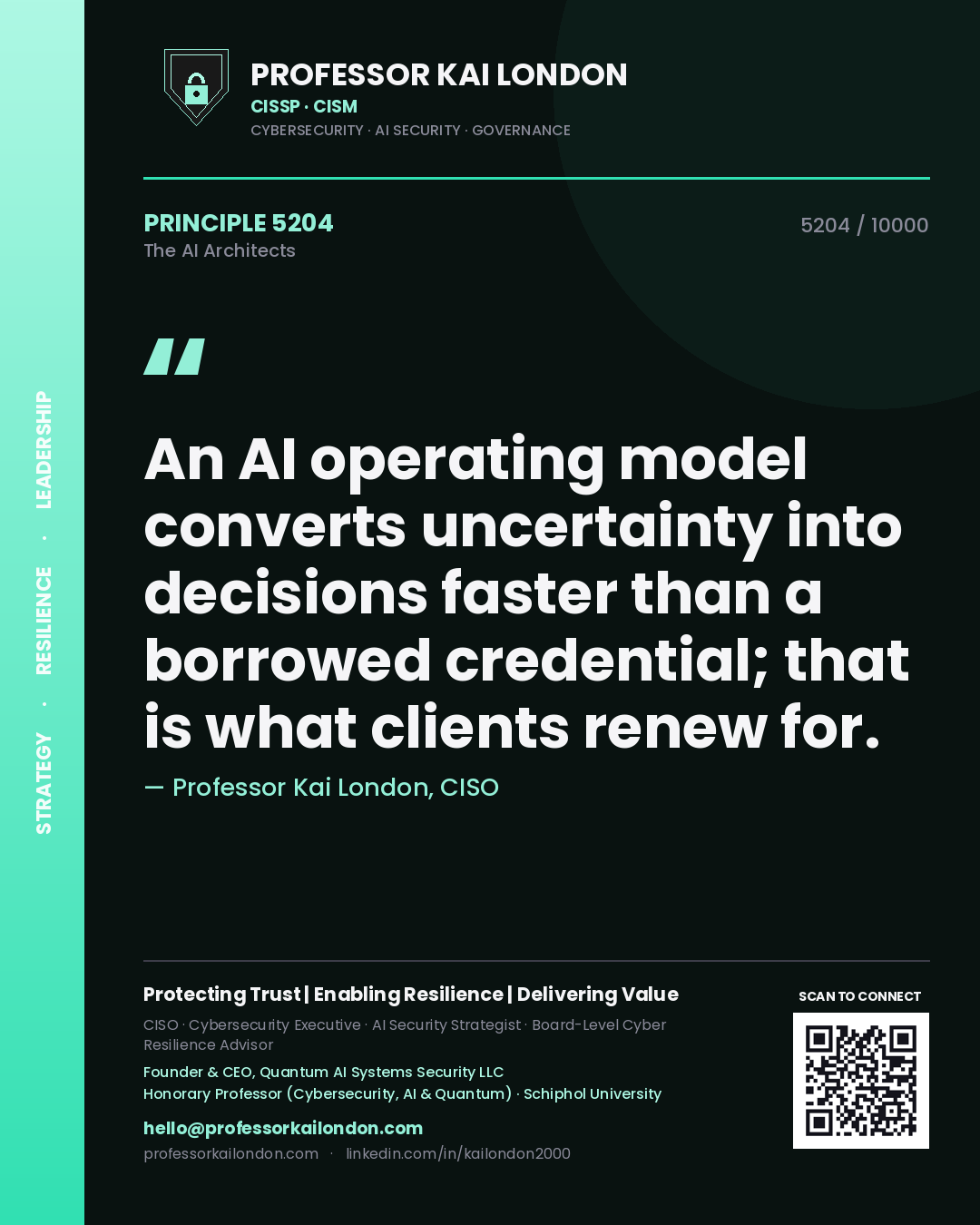 Quote card by Professor Kai London reading 'An AI operating model converts uncertainty into decisions faster than a borrowed credential; that is what clients renew for.'. From the book The AI Architects.