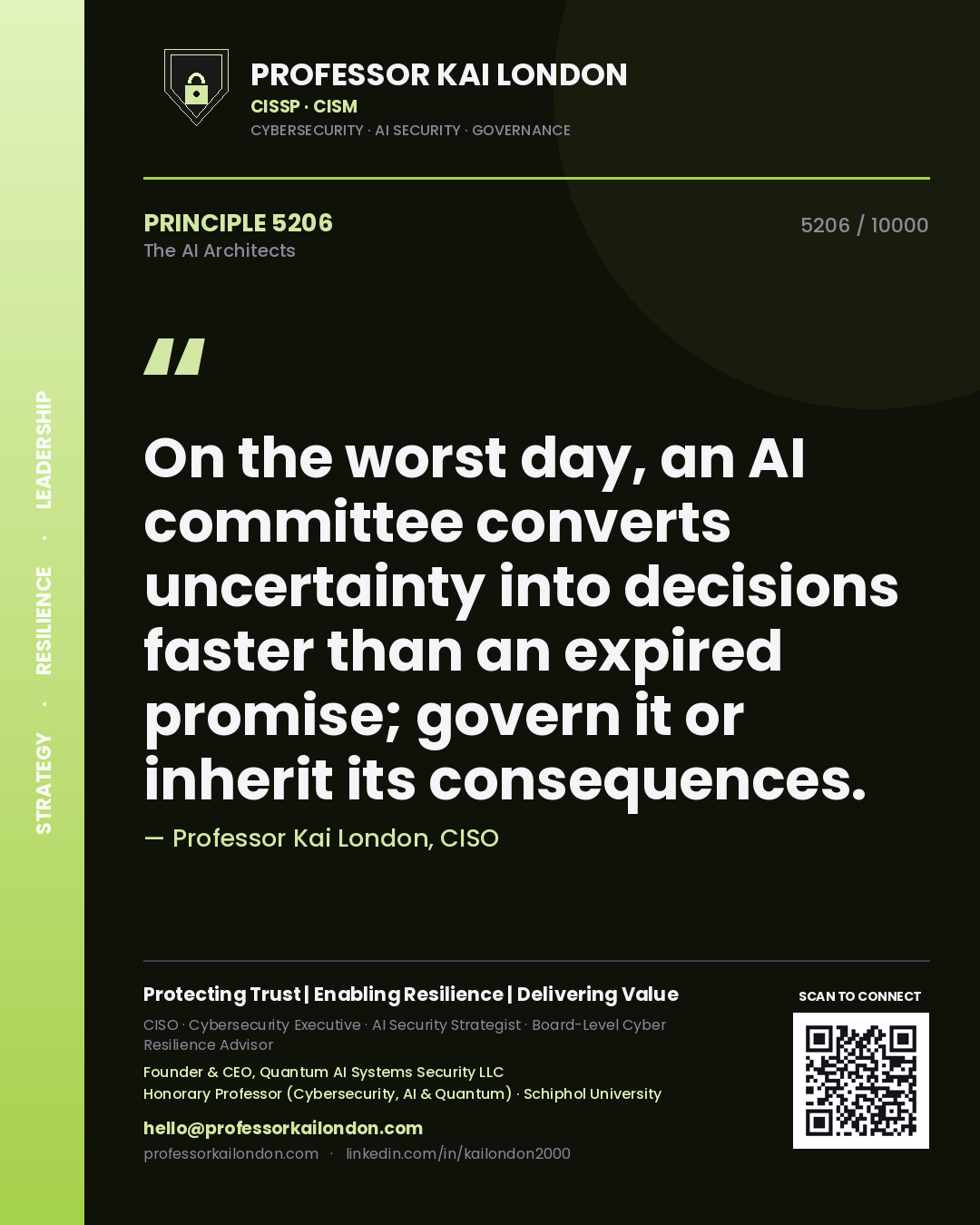 Quote card by Professor Kai London reading 'On the worst day, an AI committee converts uncertainty into decisions faster than an expired promise; govern it or inherit its consequences.'. From the book The AI Architects.