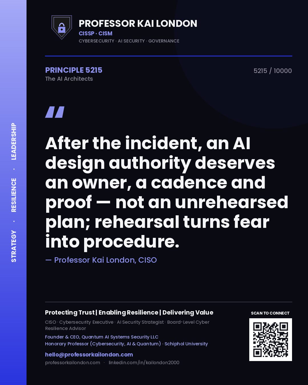Quote card by Professor Kai London reading 'After the incident, an AI design authority deserves an owner, a cadence and proof — not an unrehearsed plan; rehearsal turns fear into procedure.'. From the book The AI Architects.