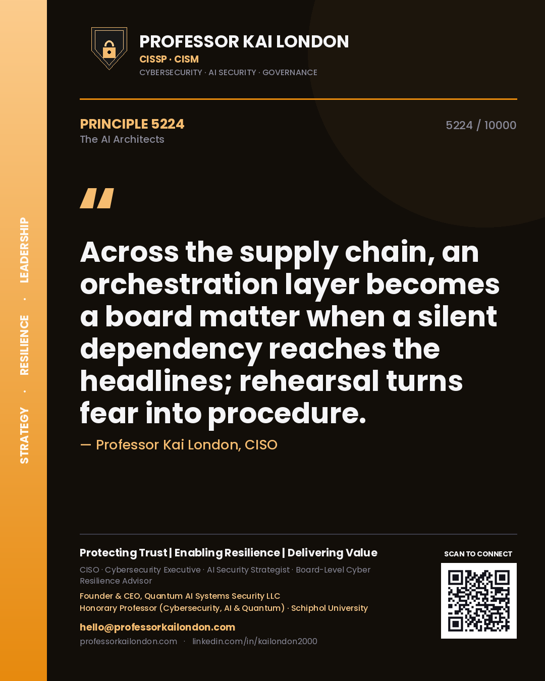 Quote card by Professor Kai London reading 'Across the supply chain, an orchestration layer becomes a board matter when a silent dependency reaches the headlines; rehearsal turns fear into procedure.'. From the book The AI Architects.