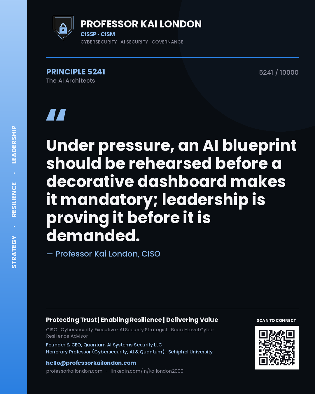 Quote card by Professor Kai London reading 'Under pressure, an AI blueprint should be rehearsed before a decorative dashboard makes it mandatory; leadership is proving it before it is demanded.'. From the book The AI Architects.