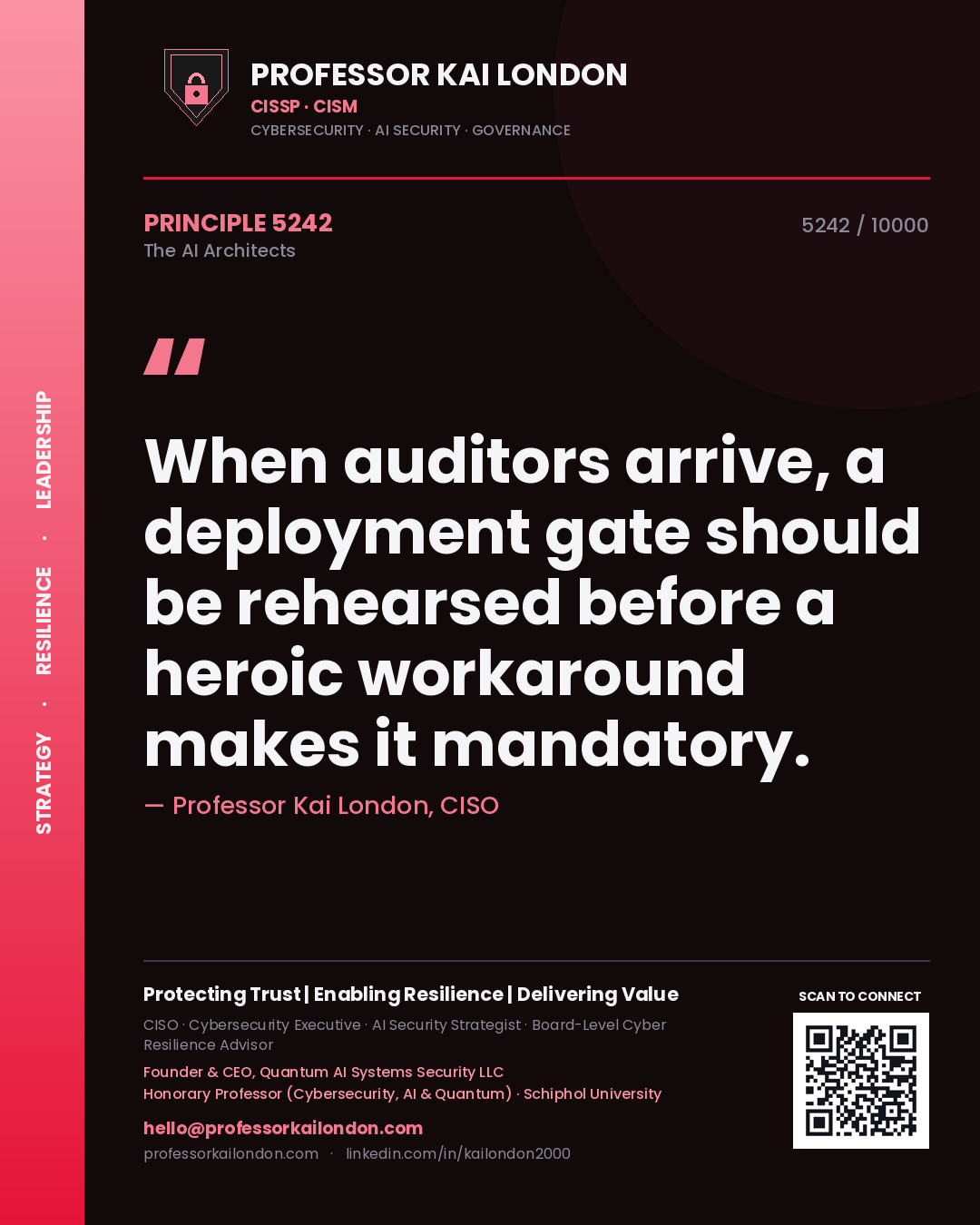 Quote card by Professor Kai London reading 'When auditors arrive, a deployment gate should be rehearsed before a heroic workaround makes it mandatory.'. From the book The AI Architects.