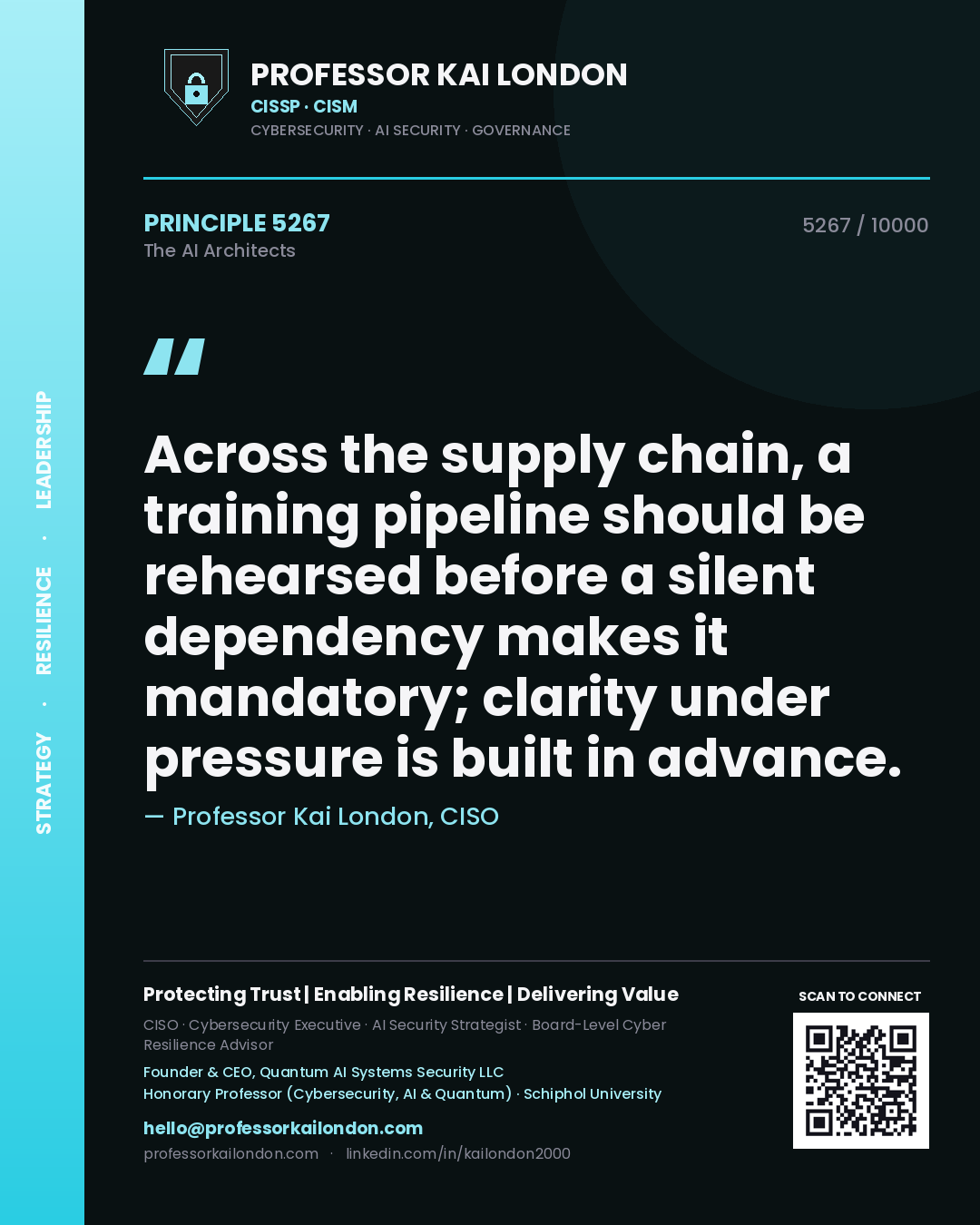 Quote card by Professor Kai London reading 'Across the supply chain, a training pipeline should be rehearsed before a silent dependency makes it mandatory; clarity under pressure is built in advance.'. From the book The AI Architects.