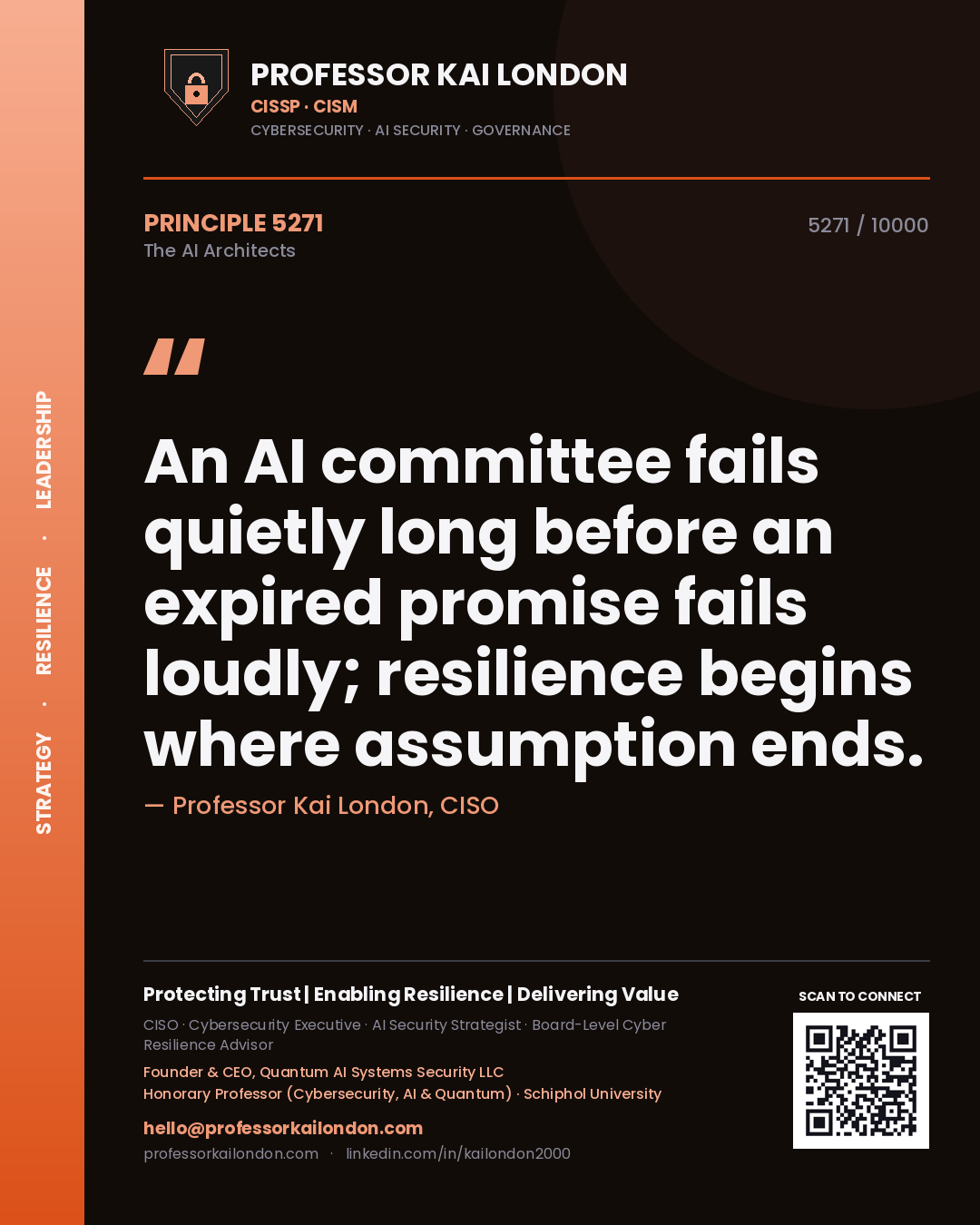 Quote card by Professor Kai London reading 'An AI committee fails quietly long before an expired promise fails loudly; resilience begins where assumption ends.'. From the book The AI Architects.