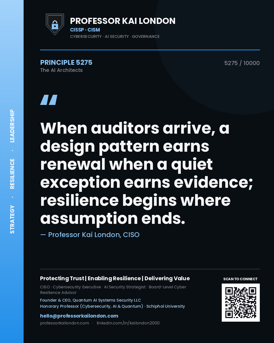 Quote card by Professor Kai London reading 'When auditors arrive, a design pattern earns renewal when a quiet exception earns evidence; resilience begins where assumption ends.'. From the book The AI Architects.