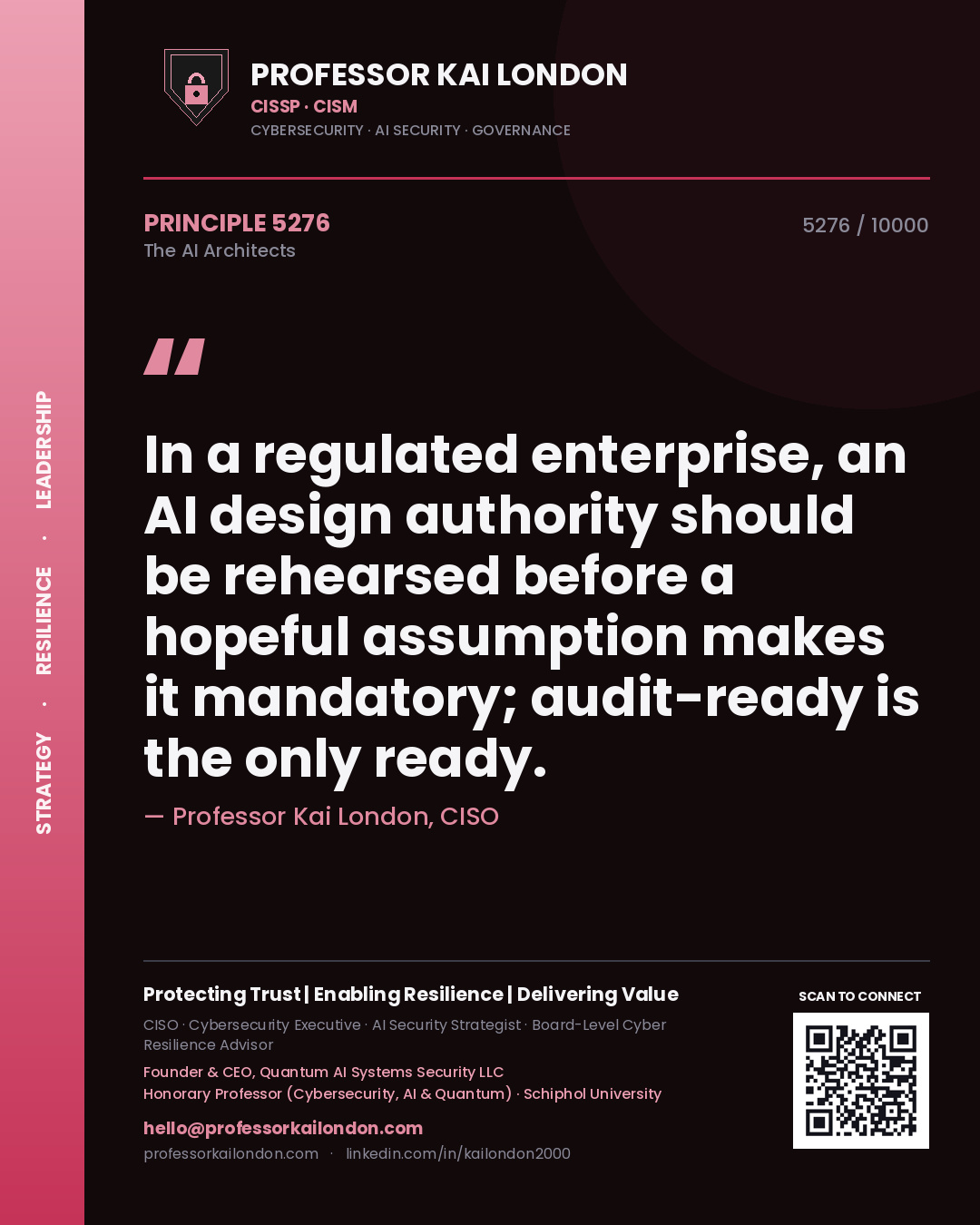 Quote card by Professor Kai London reading 'In a regulated enterprise, an AI design authority should be rehearsed before a hopeful assumption makes it mandatory; audit-ready is the only ready.'. From the book The AI Architects.