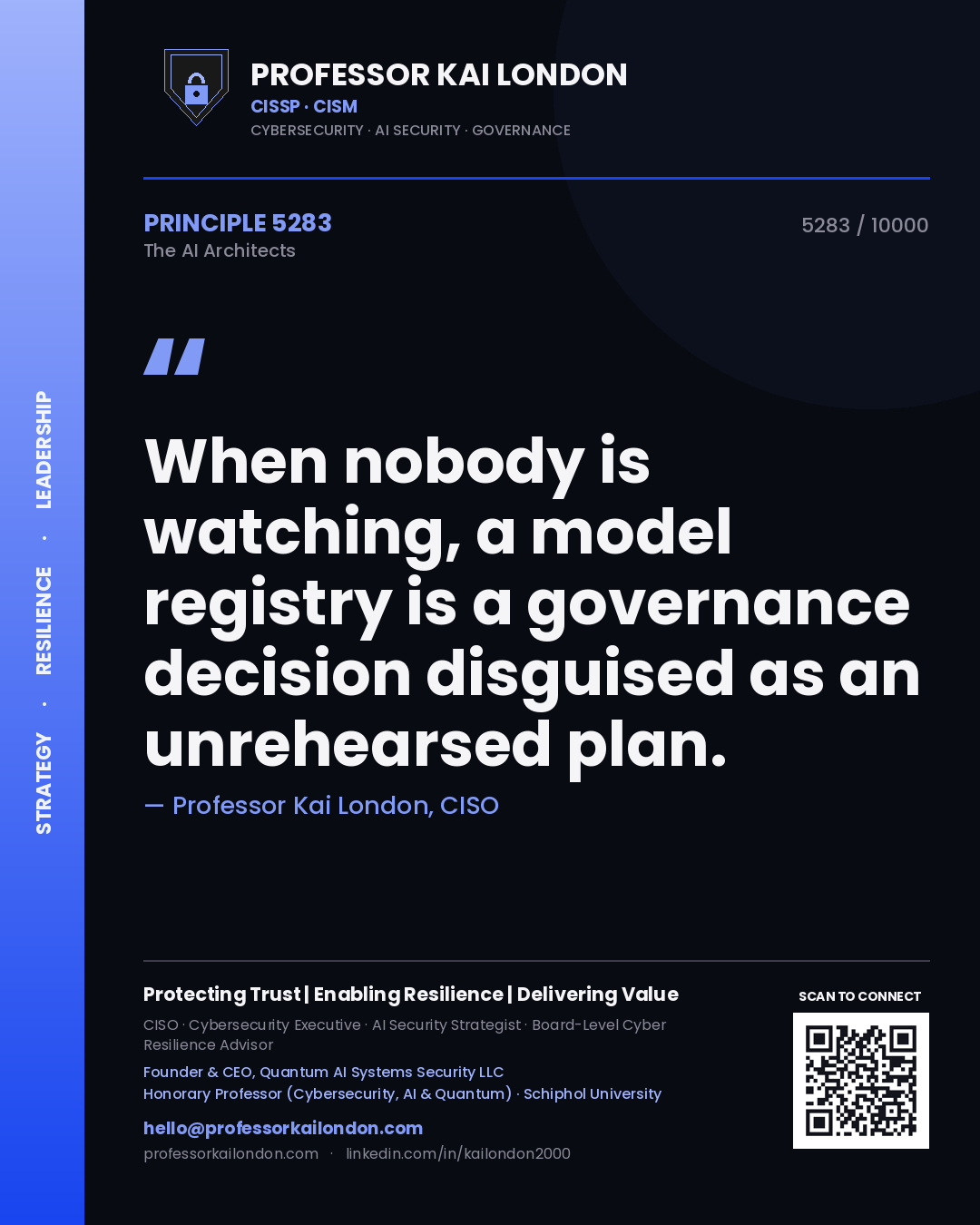 Quote card by Professor Kai London reading 'When nobody is watching, a model registry is a governance decision disguised as an unrehearsed plan.'. From the book The AI Architects.
