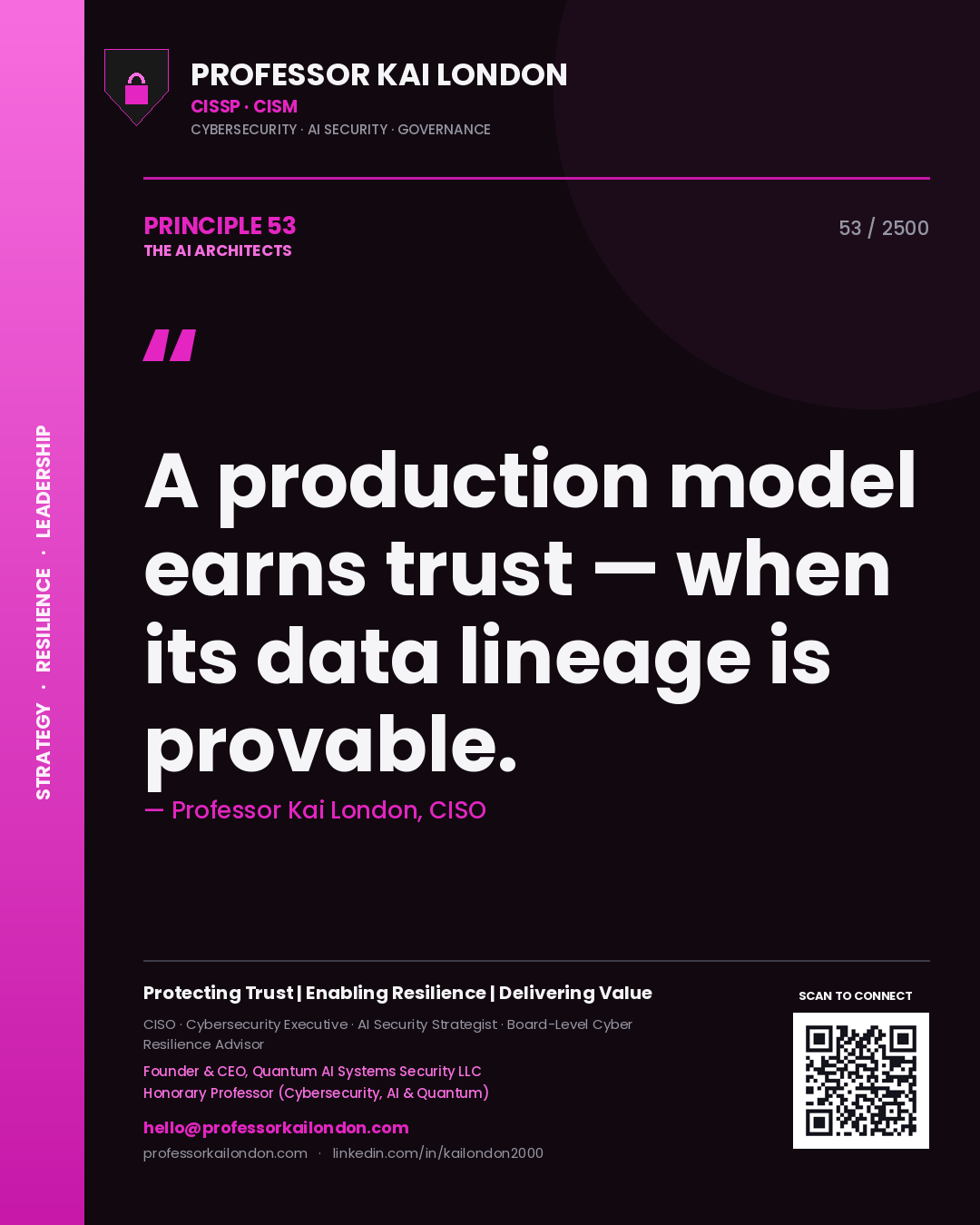 Professor Kai London principle 53: A production model earns trust — when its data lineage is provable.