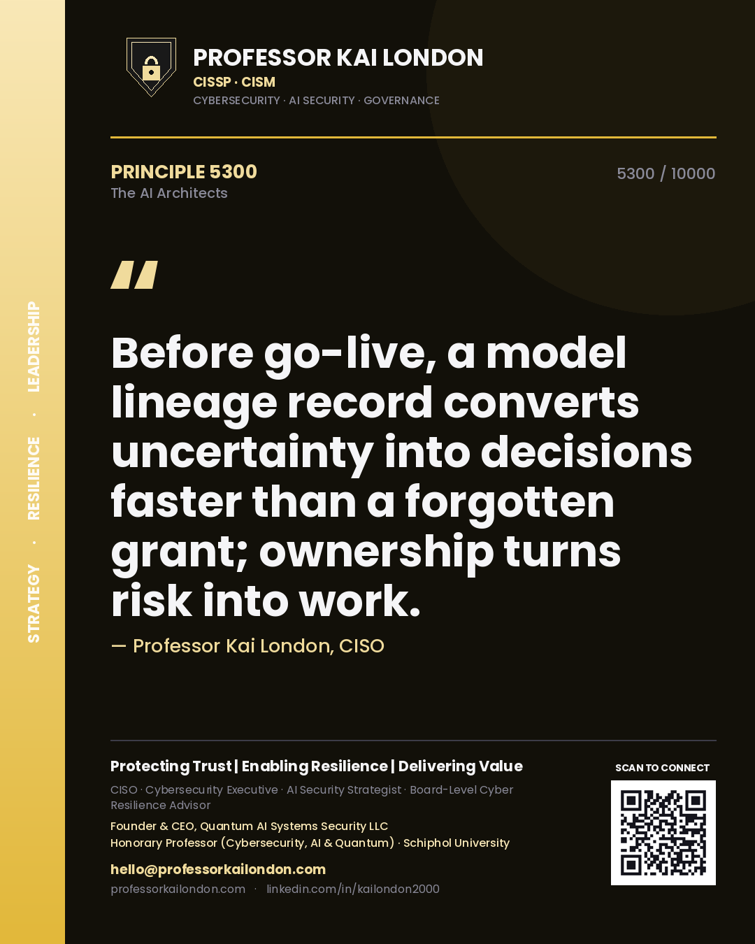 Quote card by Professor Kai London reading 'Before go-live, a model lineage record converts uncertainty into decisions faster than a forgotten grant; ownership turns risk into work.'. From the book The AI Architects.