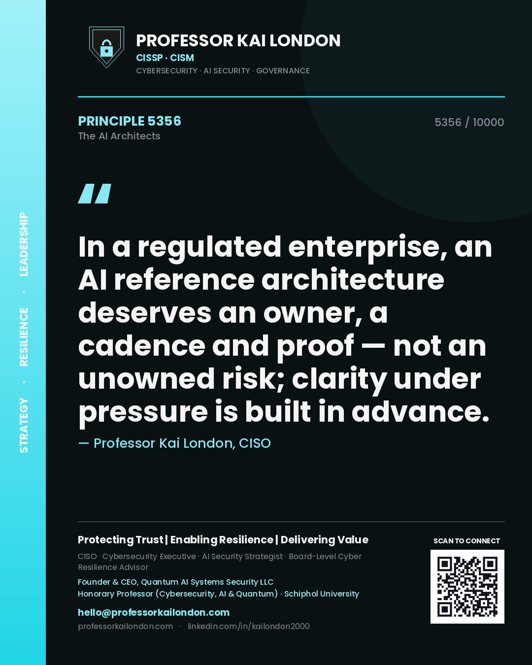 Quote card by Professor Kai London reading 'In a regulated enterprise, an AI reference architecture deserves an owner, a cadence and proof — not an unowned risk; clarity under pressure is built in advance.'. From the book The AI Architects.