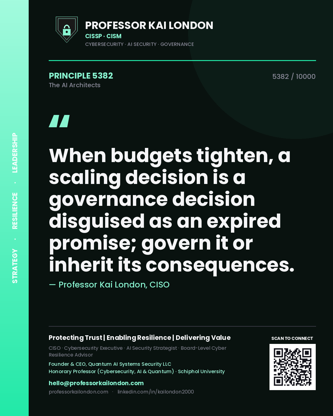 Quote card by Professor Kai London reading 'When budgets tighten, a scaling decision is a governance decision disguised as an expired promise; govern it or inherit its consequences.'. From the book The AI Architects.