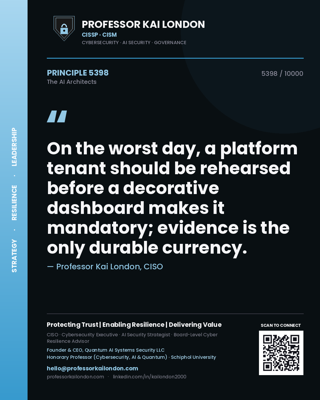 Quote card by Professor Kai London reading 'On the worst day, a platform tenant should be rehearsed before a decorative dashboard makes it mandatory; evidence is the only durable currency.'. From the book The AI Architects.