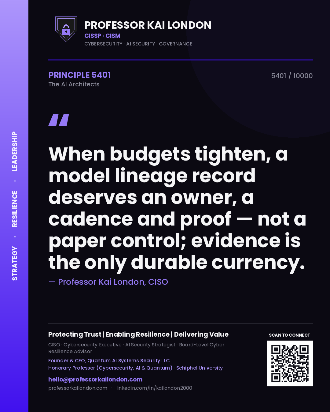 Professor Kai London principle 5401: When budgets tighten, a model lineage record deserves an owner, a cadence and proof — not a paper control; evidence is the only durable currency.