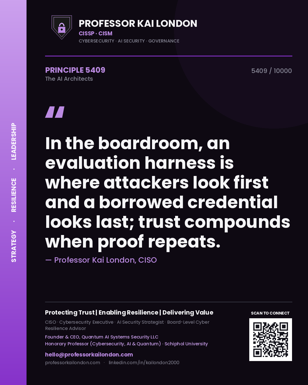 Quote card by Professor Kai London reading 'In the boardroom, an evaluation harness is where attackers look first and a borrowed credential looks last; trust compounds when proof repeats.'. From the book The AI Architects.
