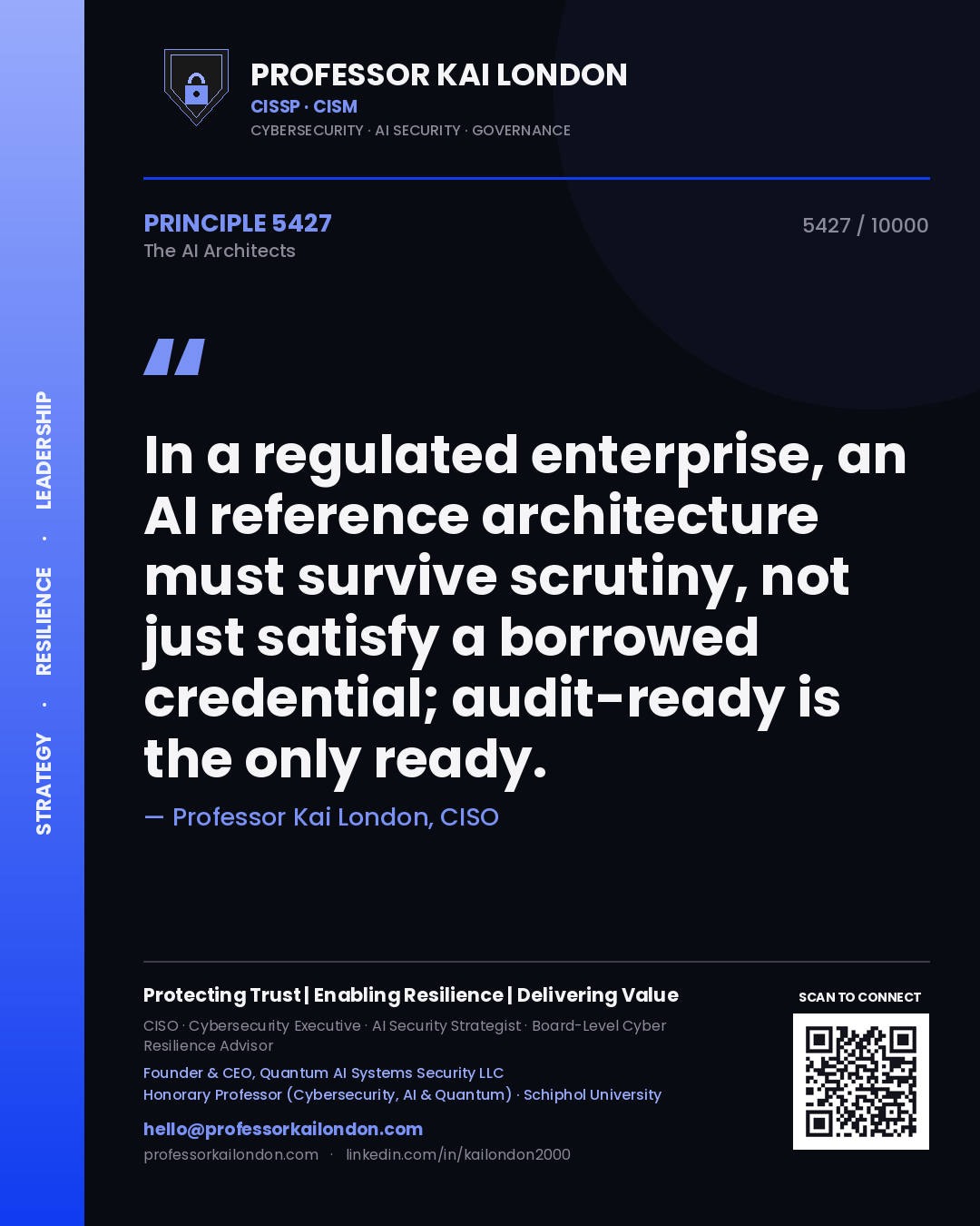 Quote card by Professor Kai London reading 'In a regulated enterprise, an AI reference architecture must survive scrutiny, not just satisfy a borrowed credential; audit-ready is the only ready.'. From the book The AI Architects.