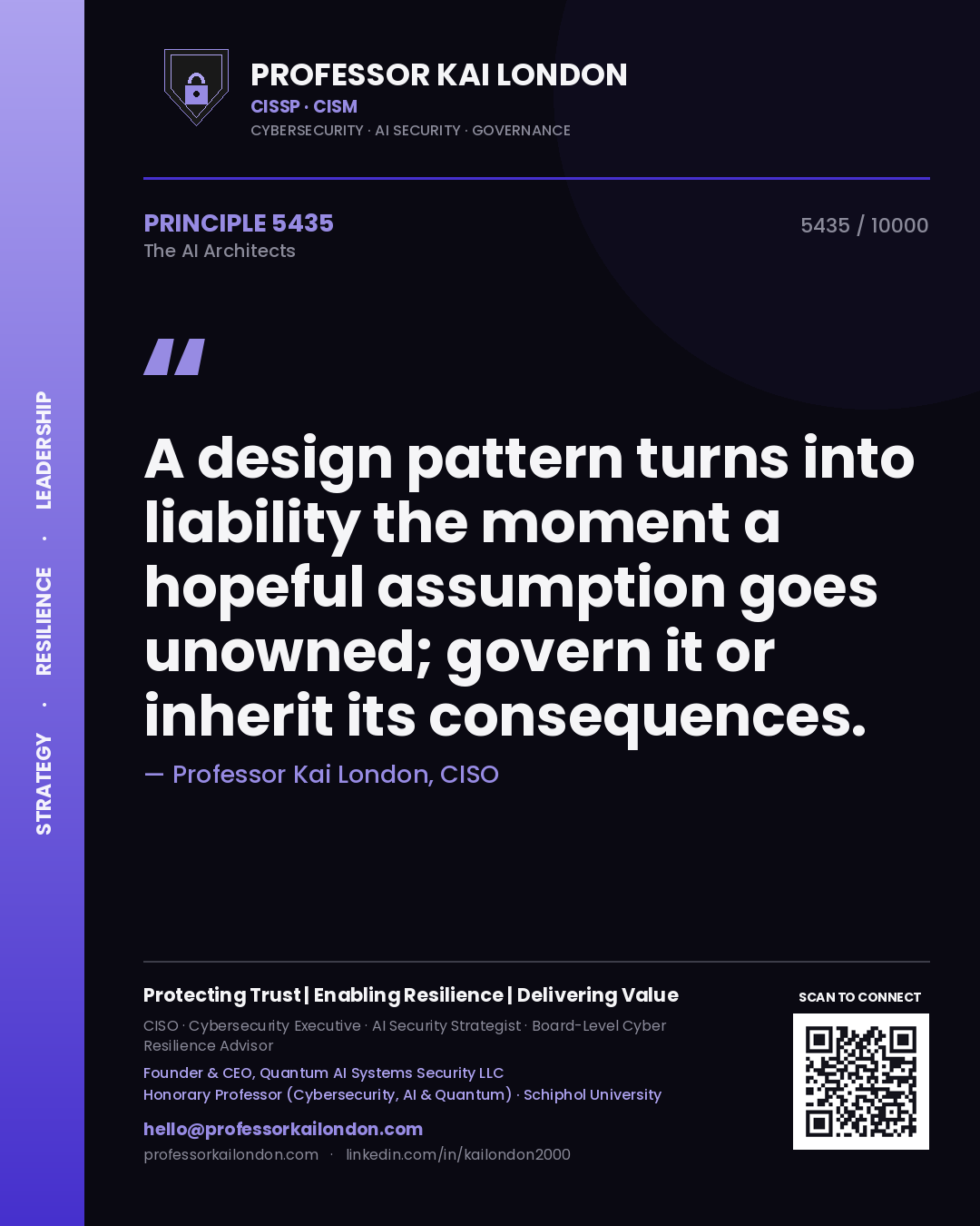 Professor Kai London principle 5435: A design pattern turns into liability the moment a hopeful assumption goes unowned; govern it or inherit its consequences.