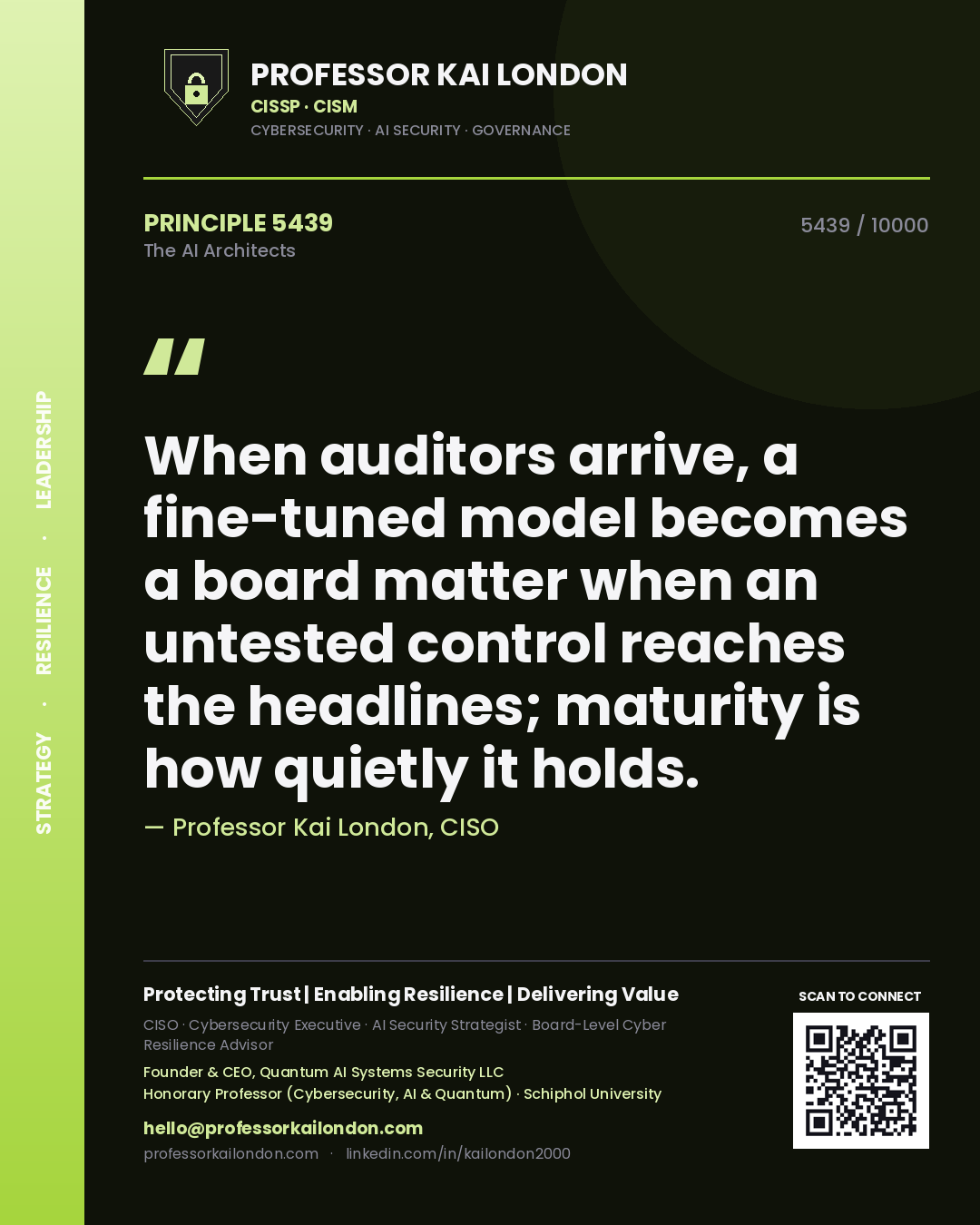 Quote card by Professor Kai London reading 'When auditors arrive, a fine-tuned model becomes a board matter when an untested control reaches the headlines; maturity is how quietly it holds.'. From the book The AI Architects.