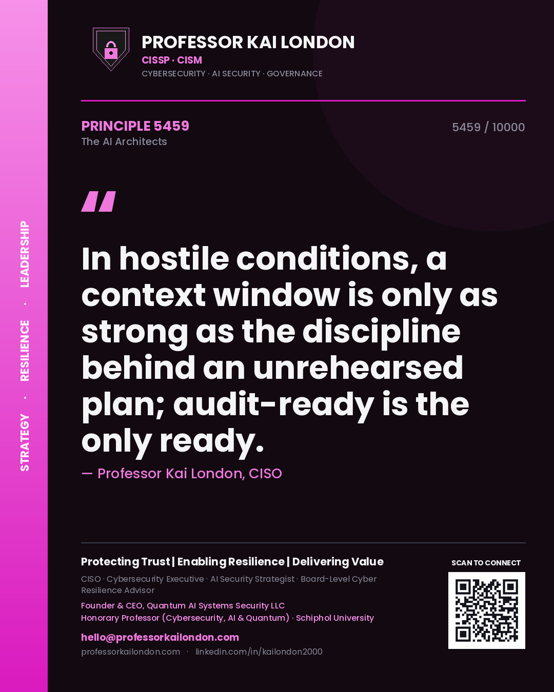 Professor Kai London principle 5459: In hostile conditions, a context window is only as strong as the discipline behind an unrehearsed plan; audit-ready is the only ready.