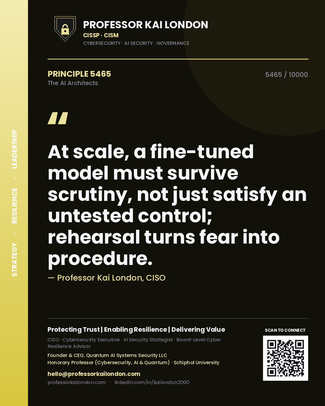 Professor Kai London principle 5465: At scale, a fine-tuned model must survive scrutiny, not just satisfy an untested control; rehearsal turns fear into procedure.